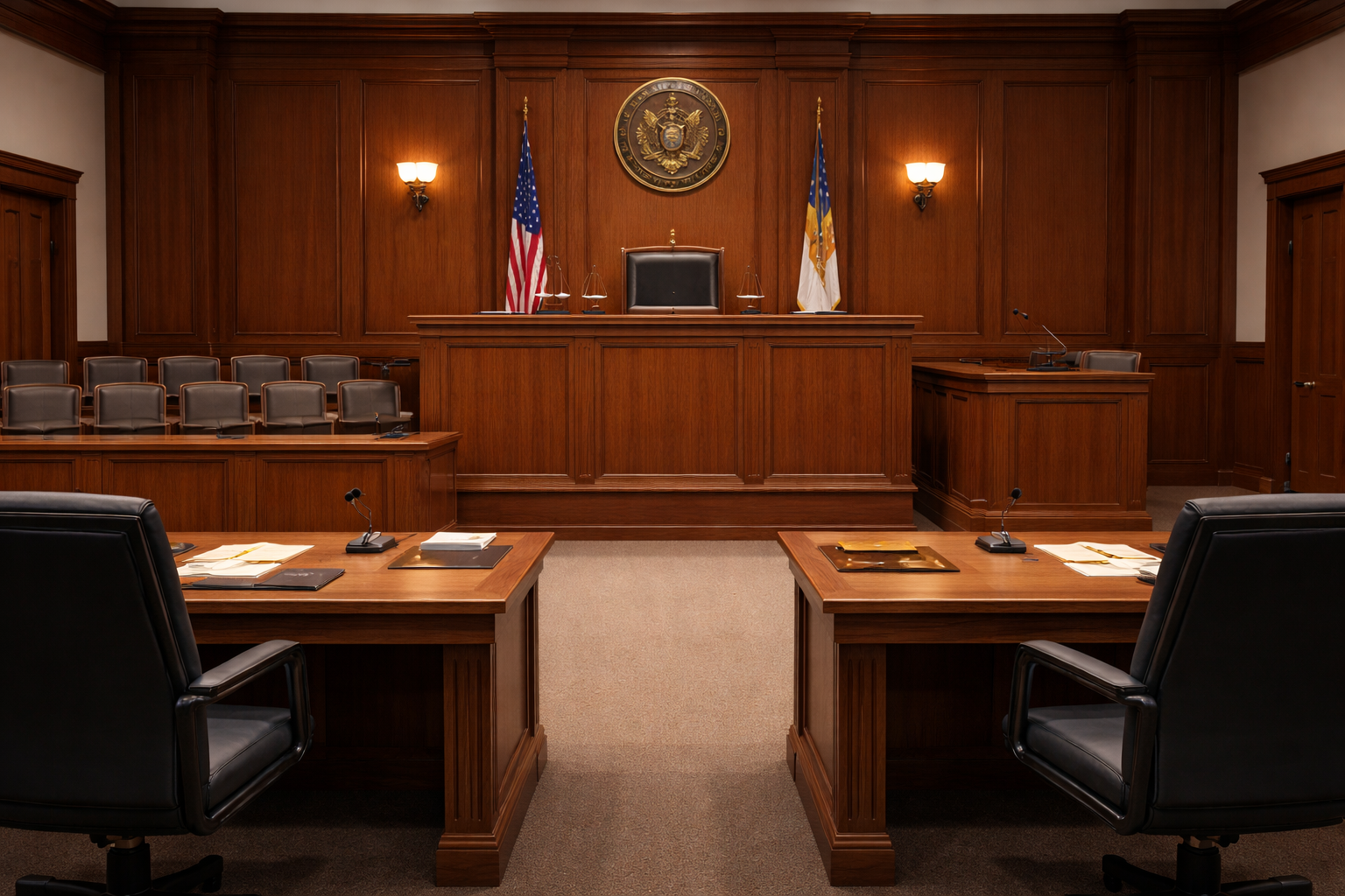 Inside a courtroom with wooden walls, a judge's bench at the front, a judge's chair, two American flags, and seating for lawyers and witnesses.