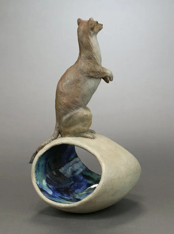 Vole Patrol - original ceramic sculpture of a long tailed weasel