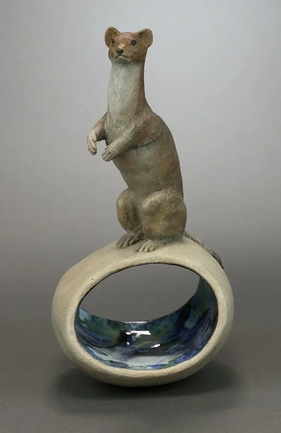 Vole Patrol - original ceramic sculpture of a long tailed weasel