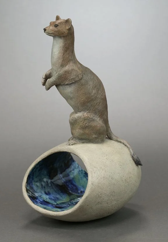 Vole Patrol - original ceramic sculpture of a long tailed weasel