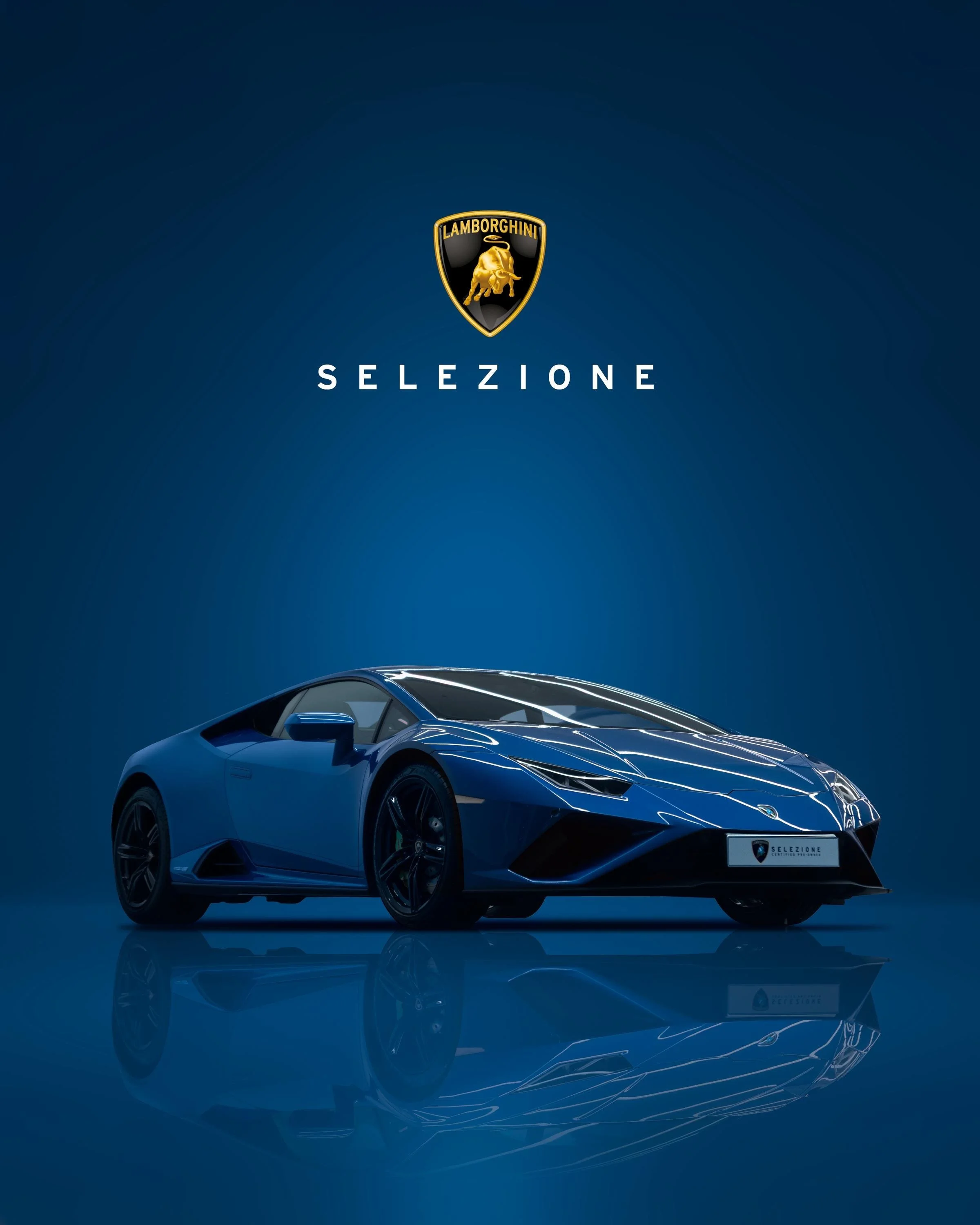 Blue Lamborghini sports car with reflection on dark blue background, Lamborghini emblem above, and 'Selezione' written below emblem.