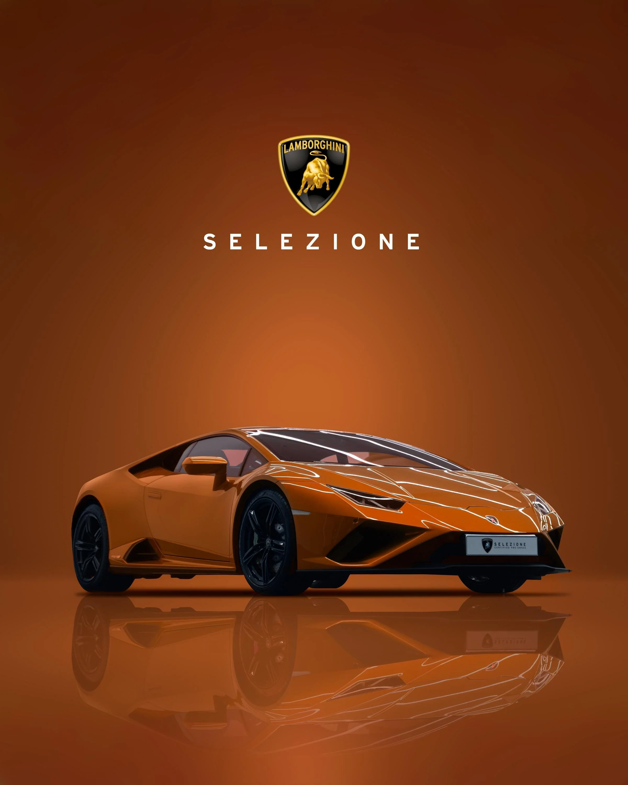 Orange Lamborghini sports car in front of a brown background with Lamborghini logo and the words 'Selezione' above the car.