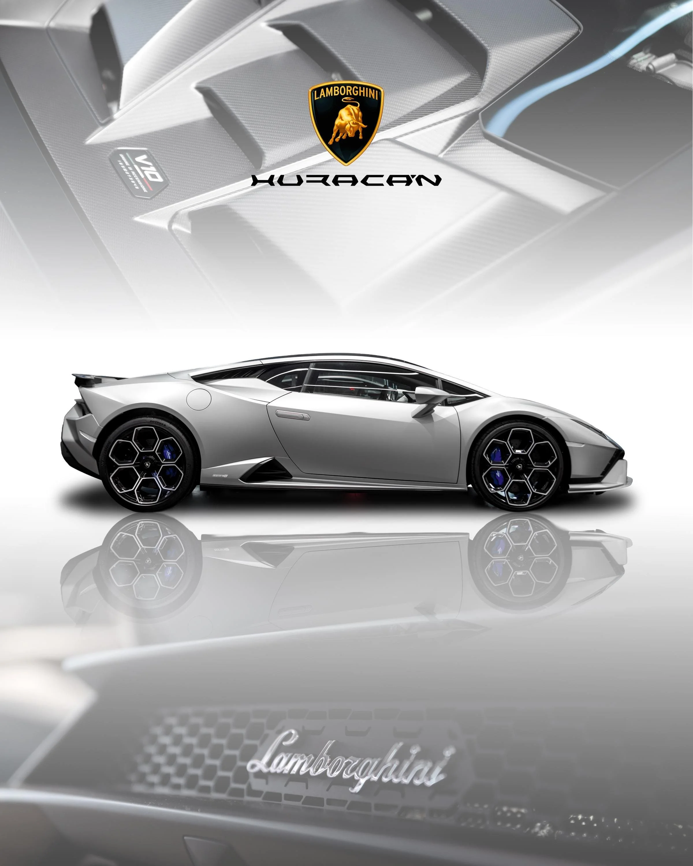 A silver Lamborghini sports car is shown in profile against a reflective surface. The image features the Lamborghini logo and branding, with a detailed close-up of the engine and the rear section of the car.
