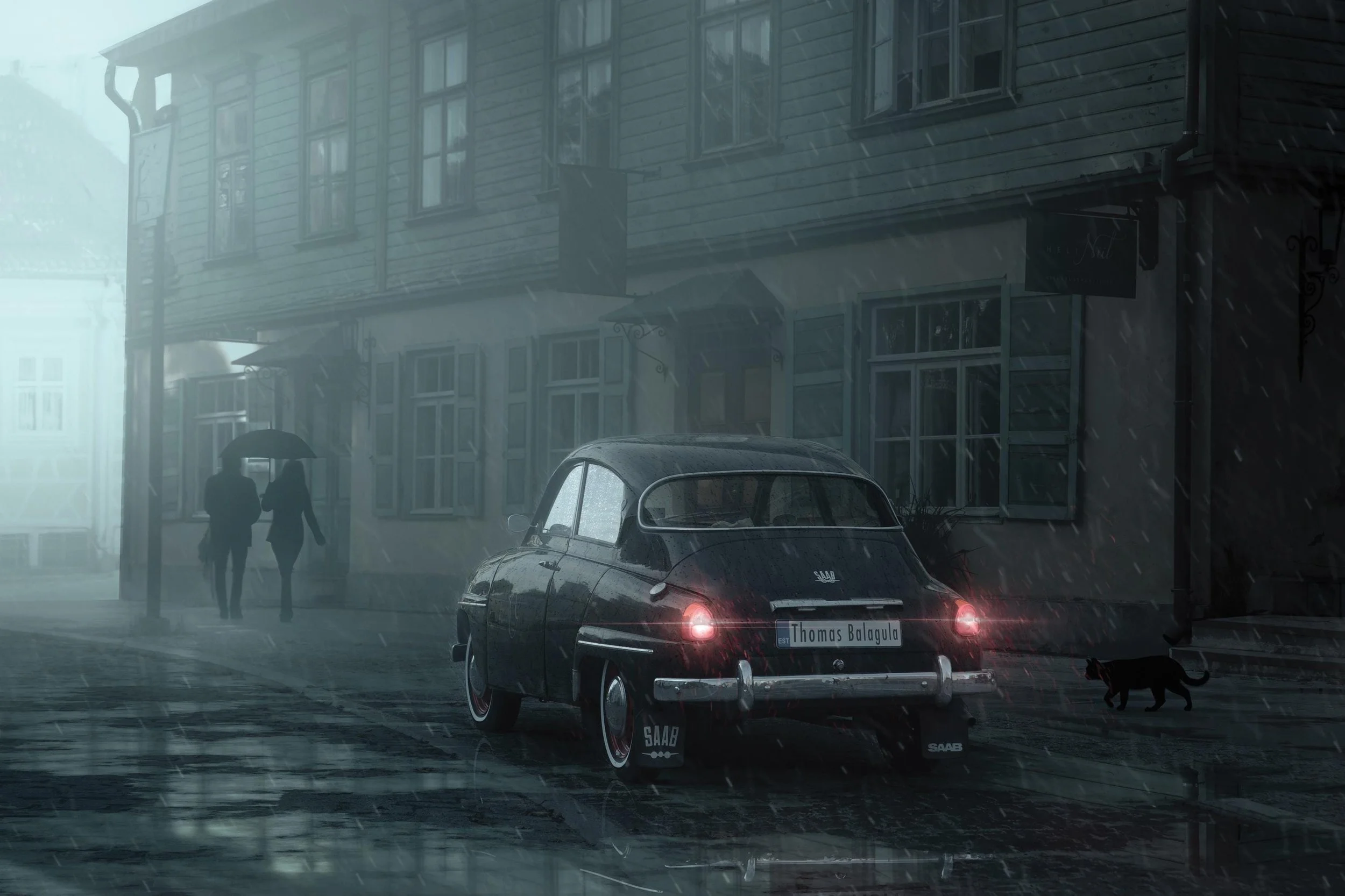 A vintage black car parked on a wet street during a rainy day, with a couple walking with an umbrella and a black cat on the sidewalk in front of a dark building.