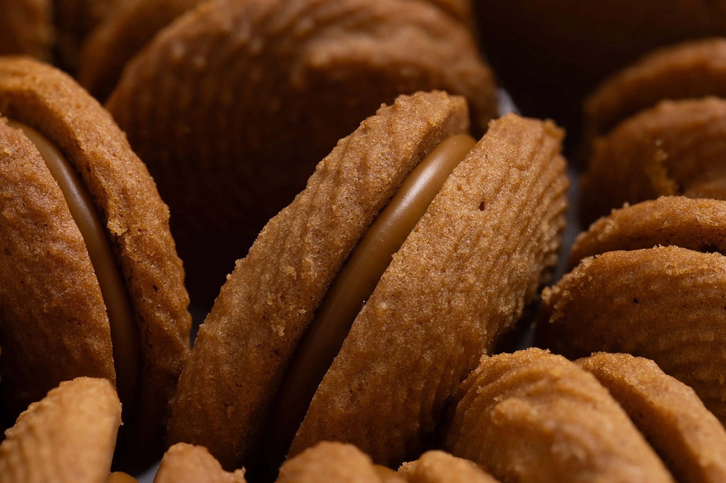 Close-up of several chocolate sandwich cookies with cream filling, showing detailed texture and layering.