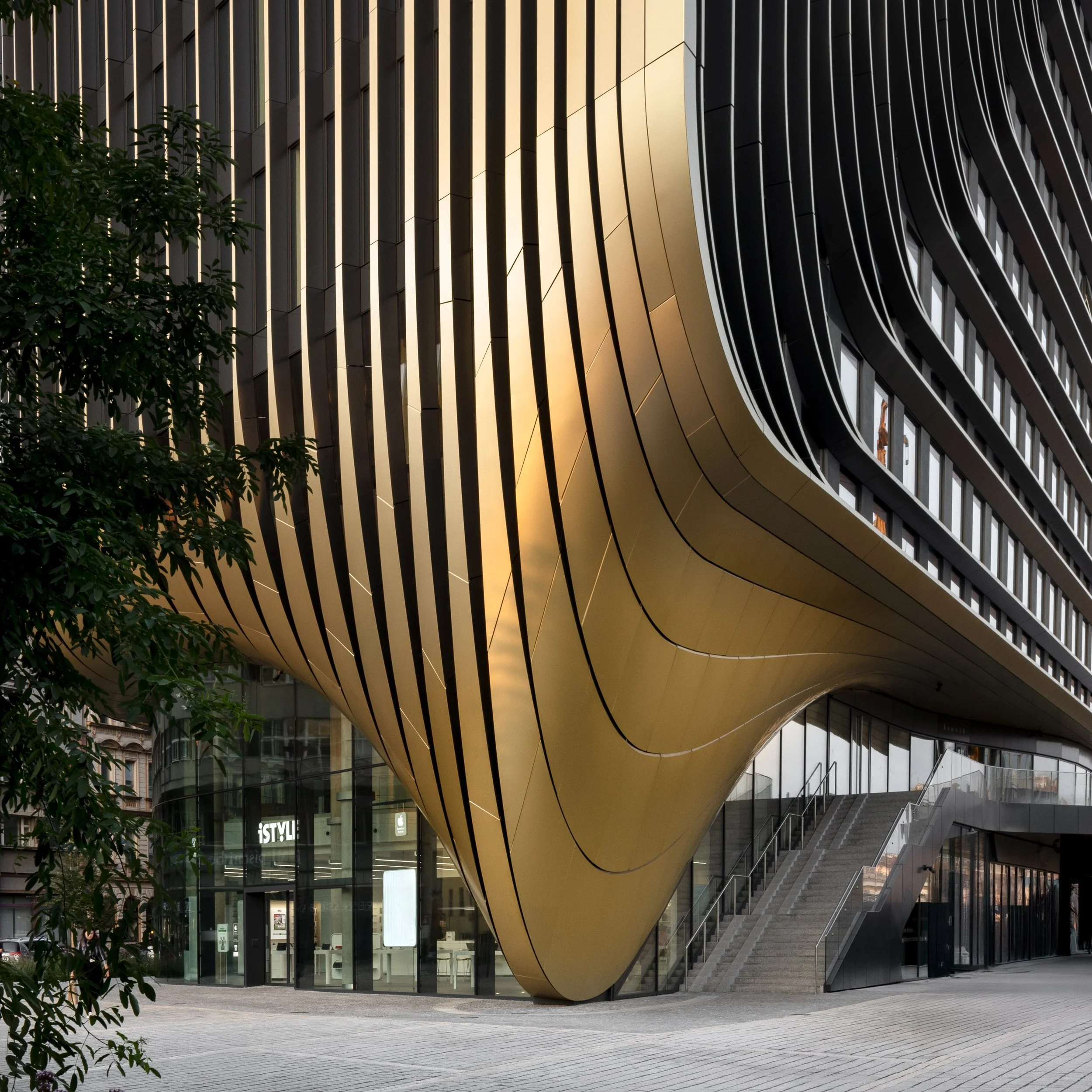 Modern building with curved gold facade and black horizontal accents, with stairs leading to the entrance and trees on the side.