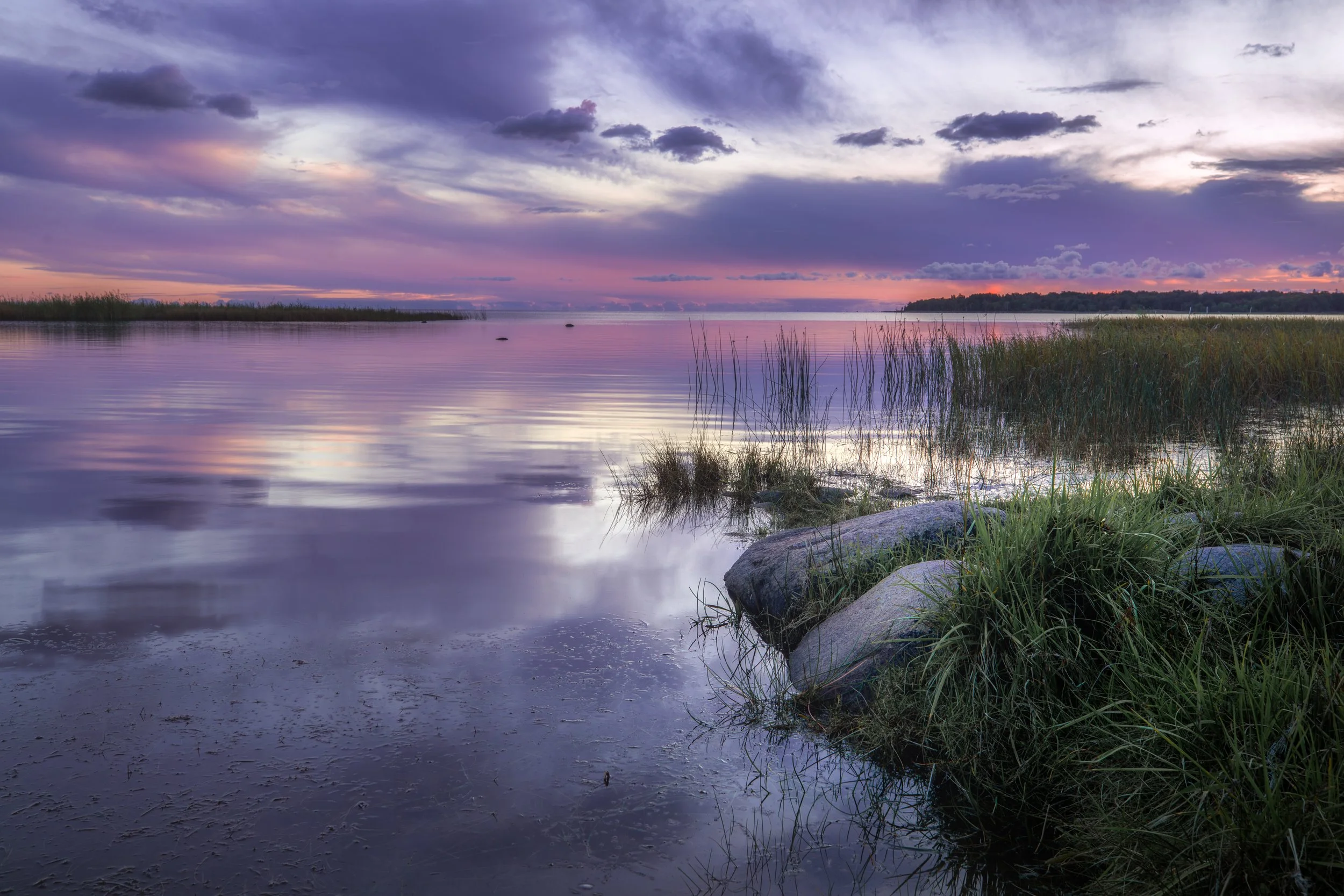 A peaceful lake at sunset with pink, purple, and blue clouds reflecting on the water, surrounded by grassy banks and rocks.