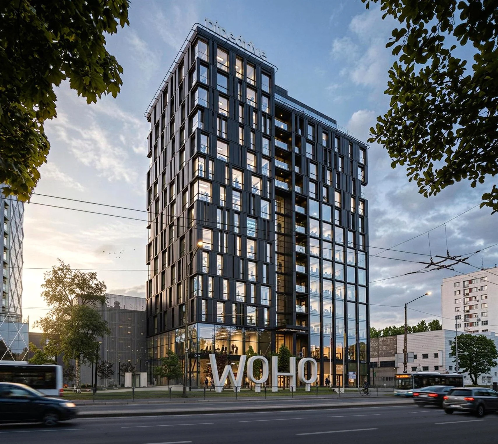 A modern black glass office building with the logo 'WHO' in large white letters at the base, surrounded by trees, cars, and a street with overhead wires, during evening with a partly cloudy sky.