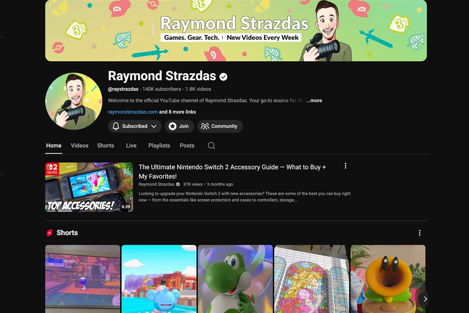 Screenshot of Raymond Strzadas' official YouTube channel page featuring his banner, profile picture, and various video thumbnails related to gaming and tech.