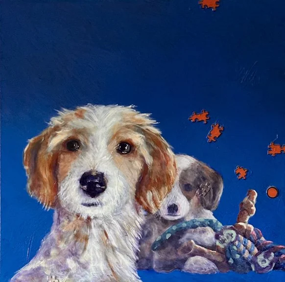 Crickets / Acrylic and White Mountain Puzzle Pieces on Canvas on Panel, 24"x24"