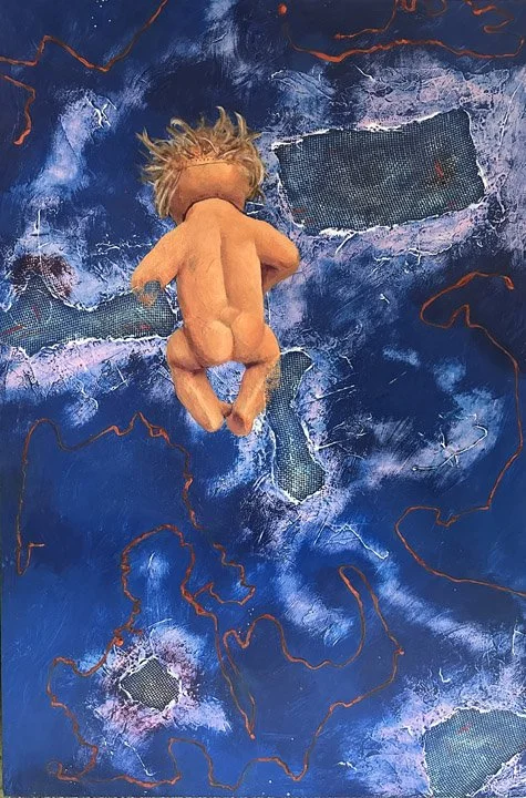 Space Baby / Acrylic and Mesh on Canvas on Panel, 30"x40"