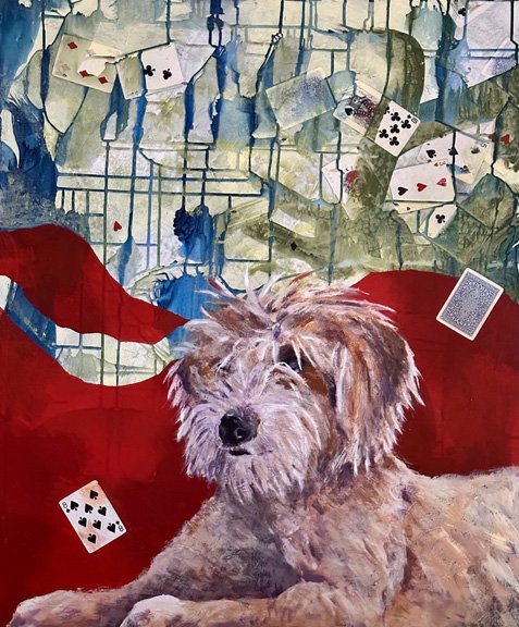 Dog.  Playing Cards. / Acrylic and Bicycle Playing Cards on Canvas on Panel, 30"x40"