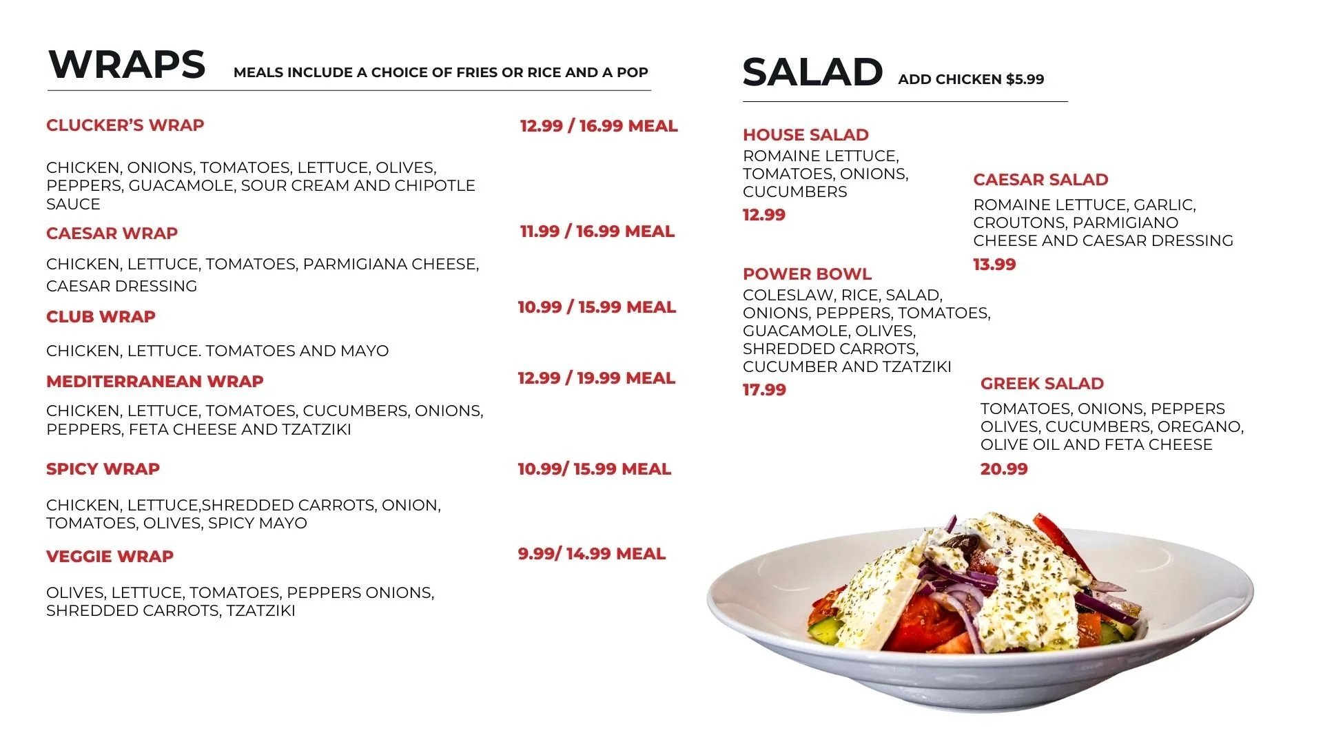 Restaurant menu featuring wraps and salads with descriptions and prices, including a visible image of a salad with cherry tomatoes, feta cheese, shredded carrots, and onions.