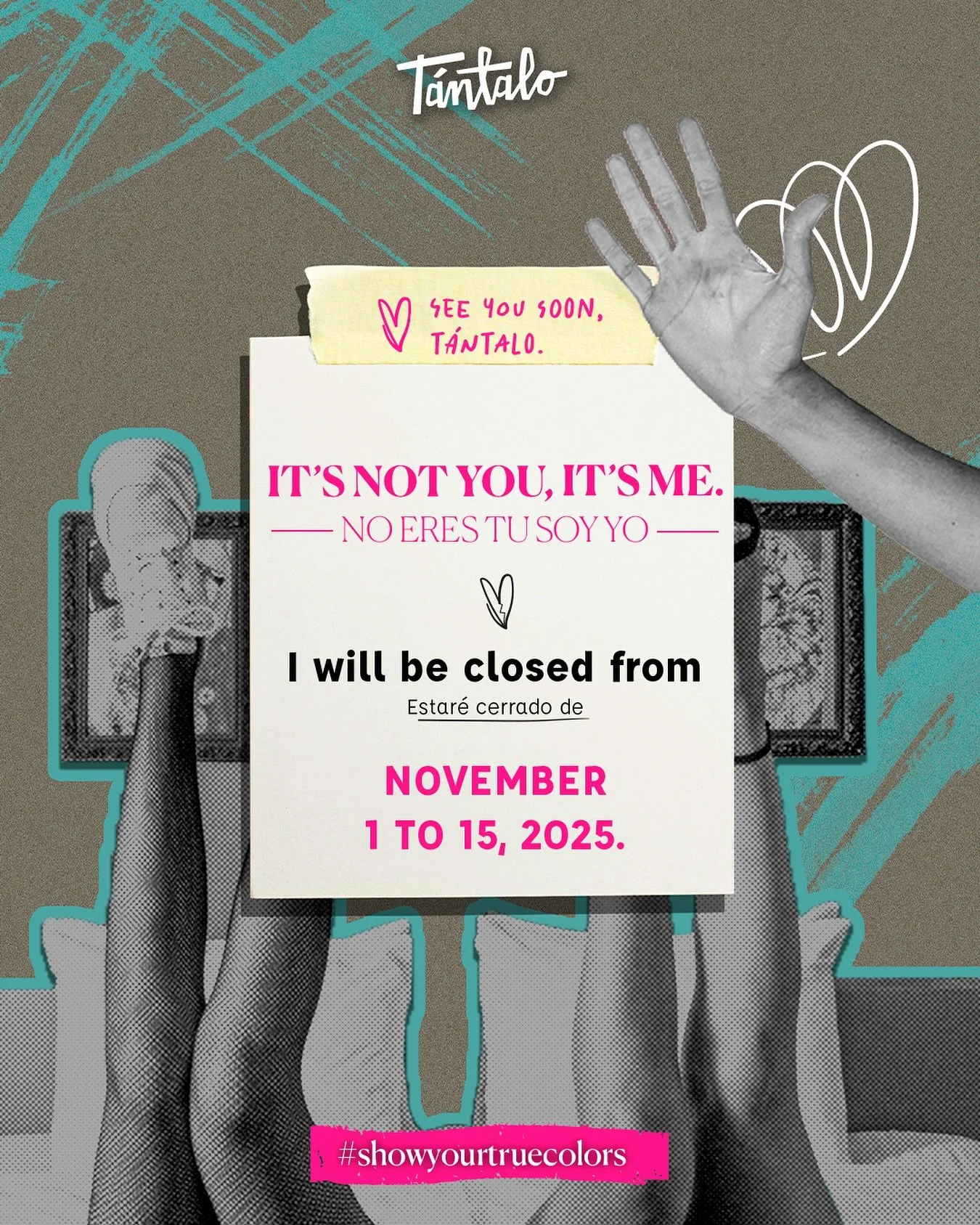 No eres tú, soy yo.
Necesito un tiempo... y es ahora.

Prometo que volveré - mejor para ti, recargado y renovado.🦋

Estaré CERRADO‼️ del 1 al 15 de noviembre de 2025.

Nos vemos pronto.
- Tántalo 