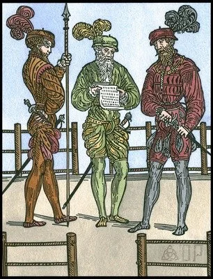 Illustration of three Renaissance men in elaborate clothing, one holding a scroll.