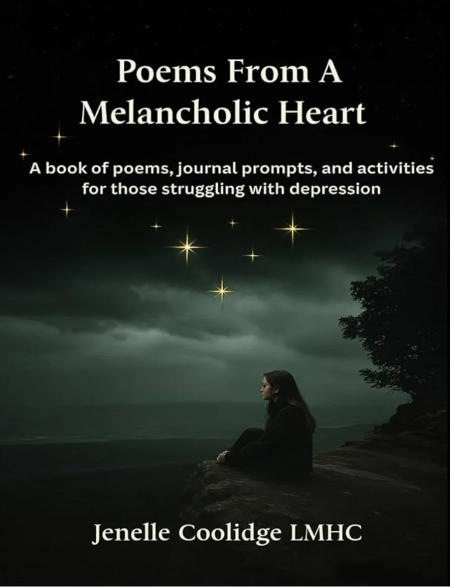 Book cover titled 'Poems From A Melancholic Heart' with a dark, cloudy background, a woman sitting alone on rocks by water, and stars in the sky. Author: Jenelle Coolidge LMHC.