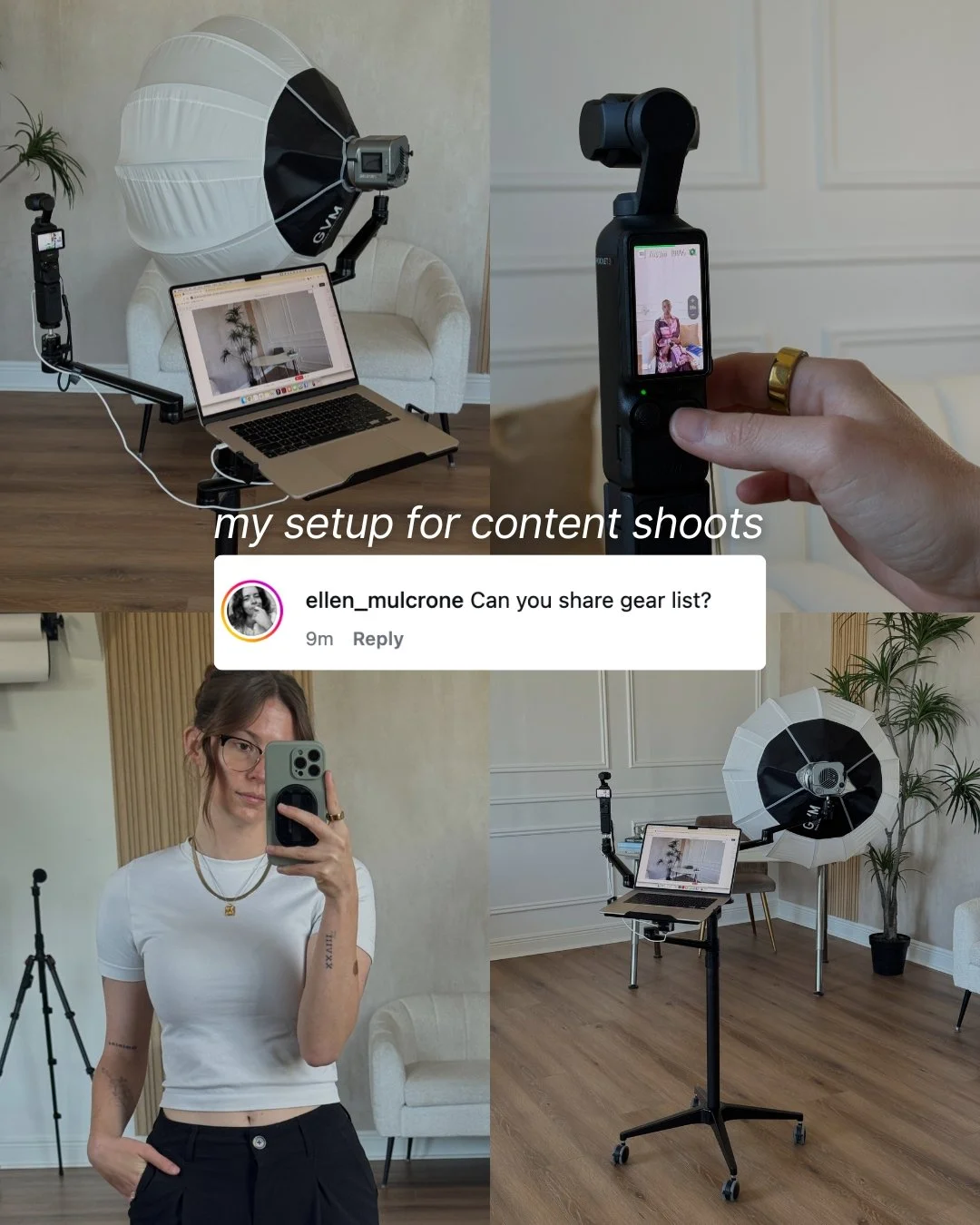 Client shoots run on a tight clock, I am lucky if I get a few hours on content shoot days.

So my setup has to work fast and work consistently, no matter the space.

Everything lives on one stand (currently sold out on Amazon, but I linked similar in