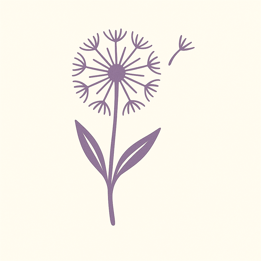 Illustration of a dandelion flower in purple with a seed blowing away