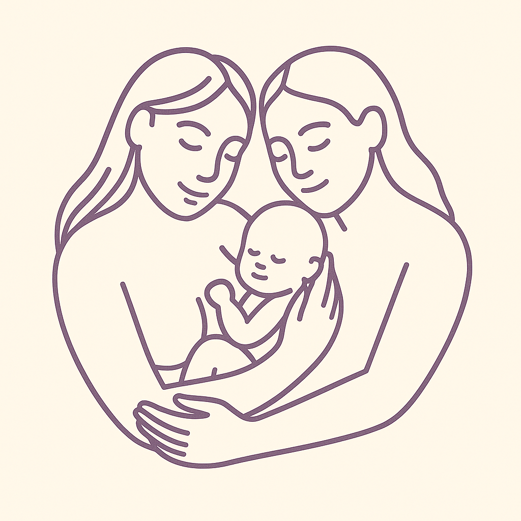 Line drawing of two women holding a sleeping baby, with both women smiling softly.