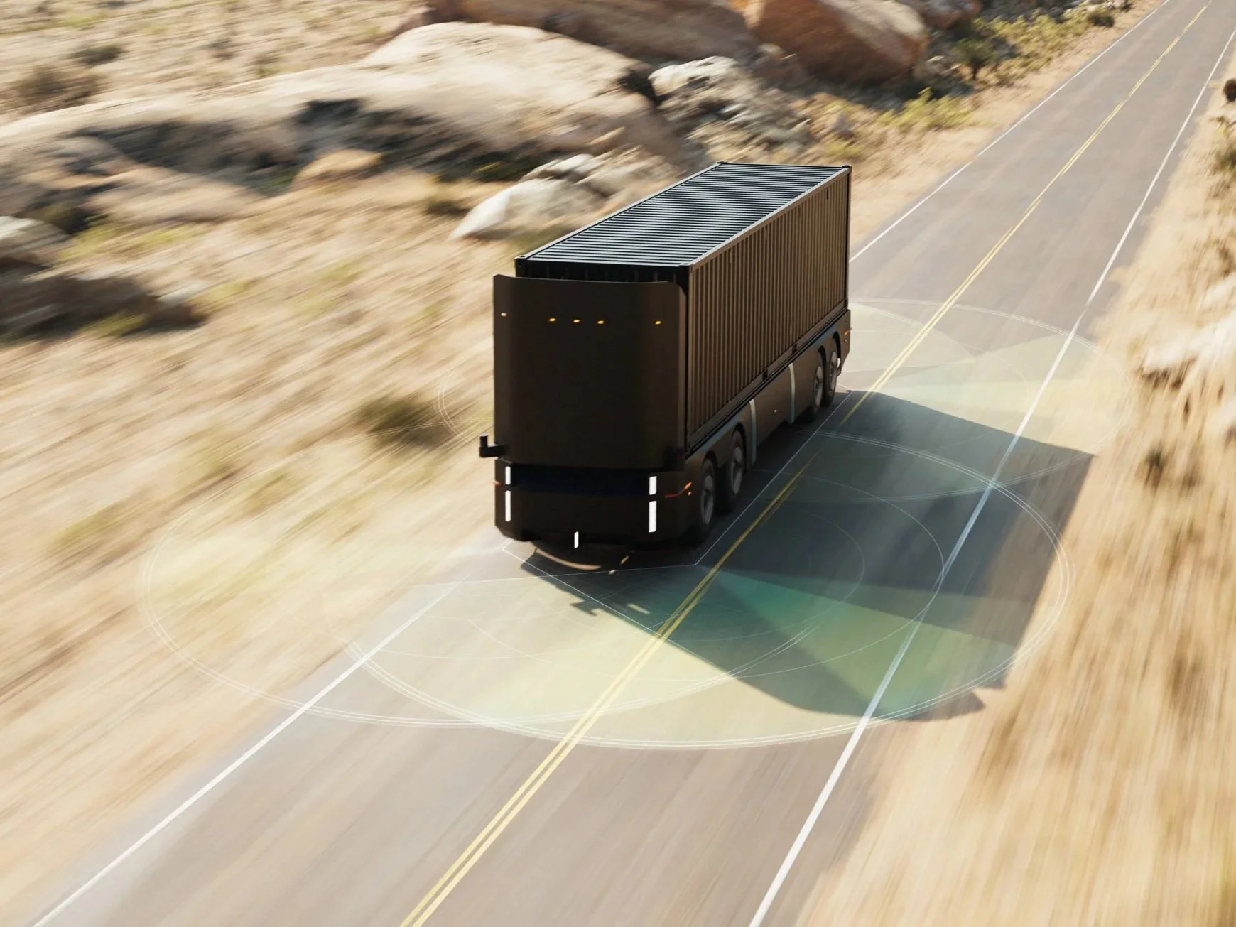 Autonomous truck driving on a highway with a digital overlay indicating sensor and navigation system.