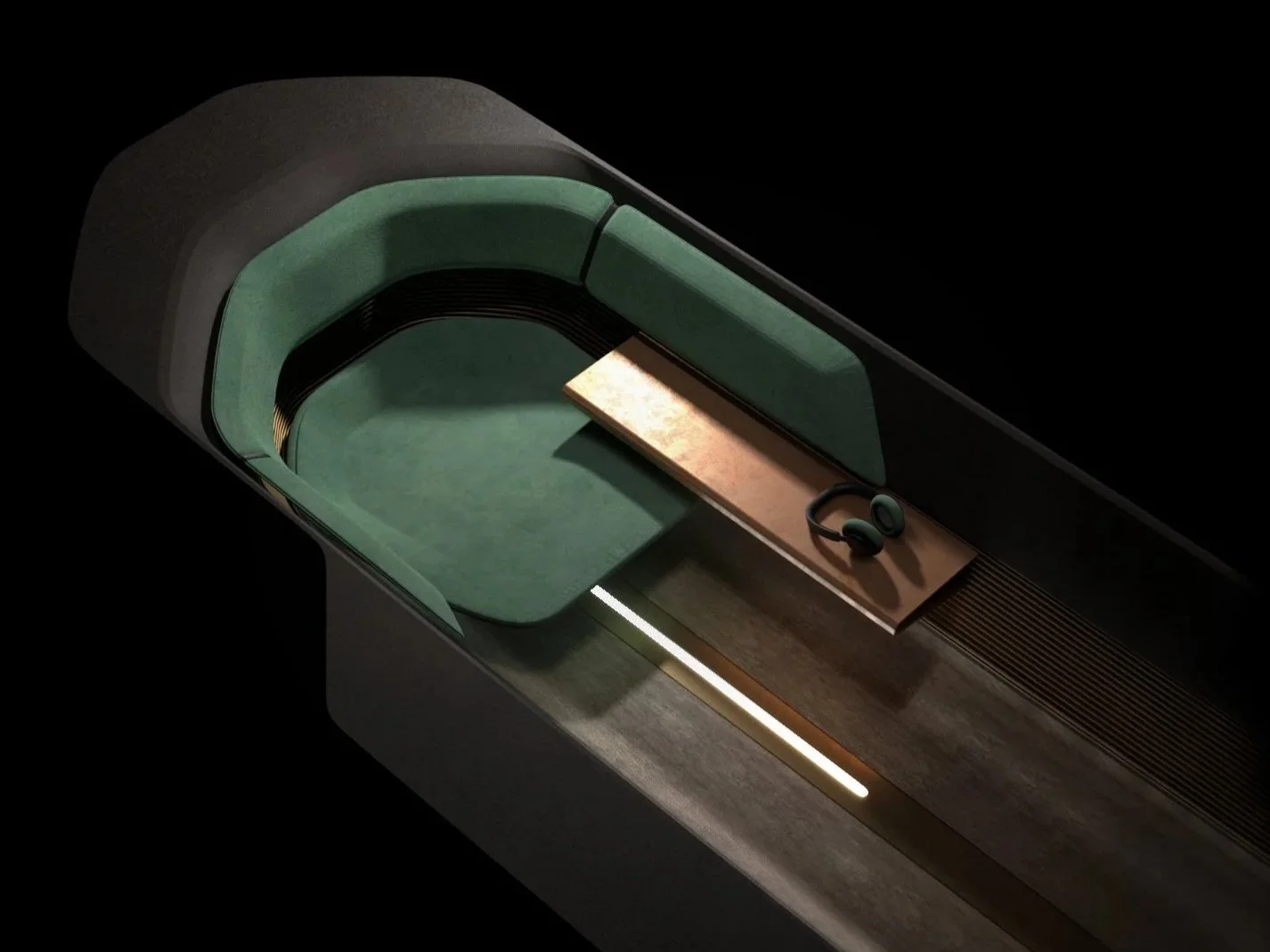 A modern, minimalist workspace with a curved green accent wall, a wooden desk, a pair of black headphones, and a sleek light strip, all set against a black background.