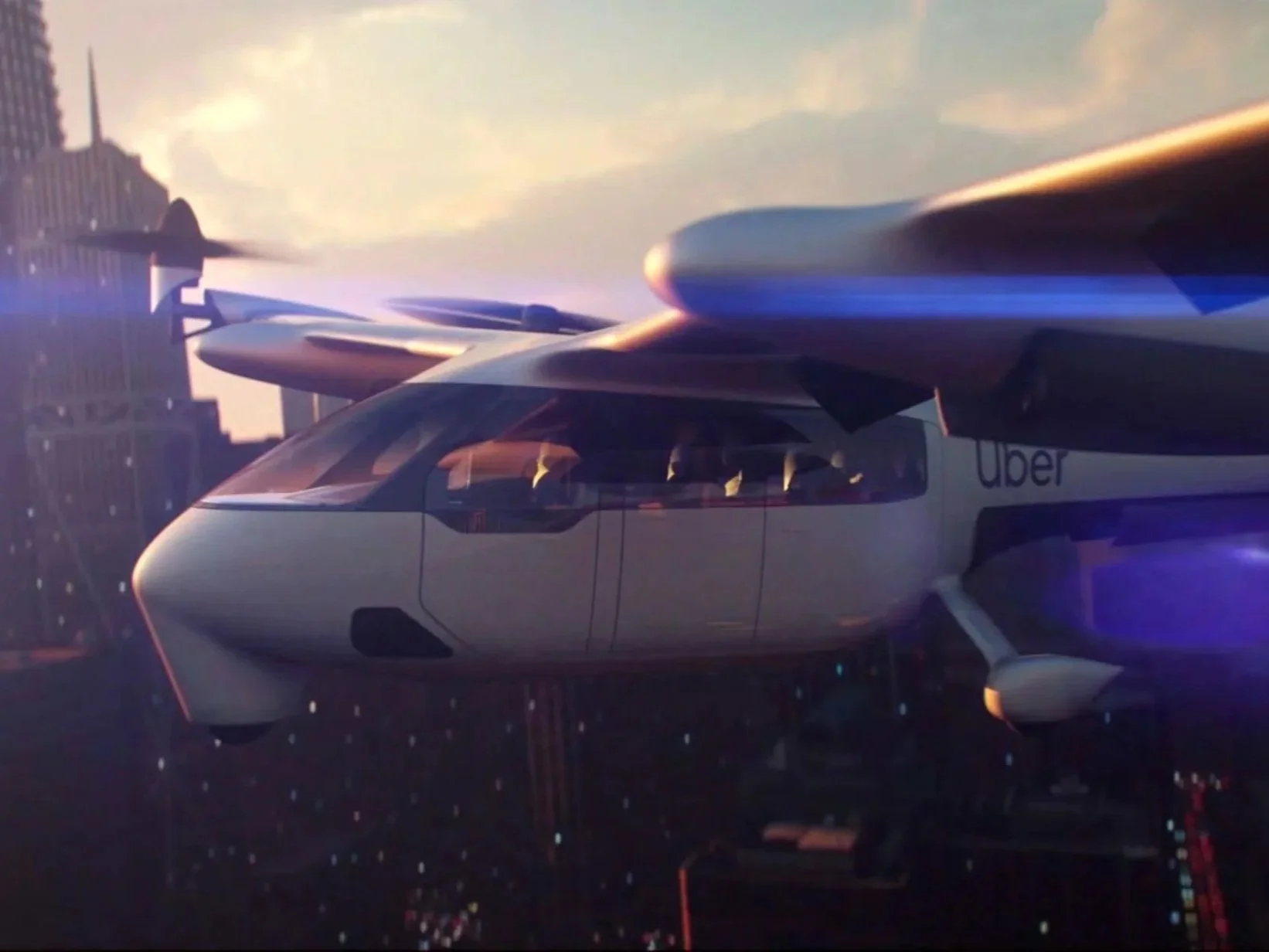 Futuristic Uber air taxi flying over a city skyline at sunset.
