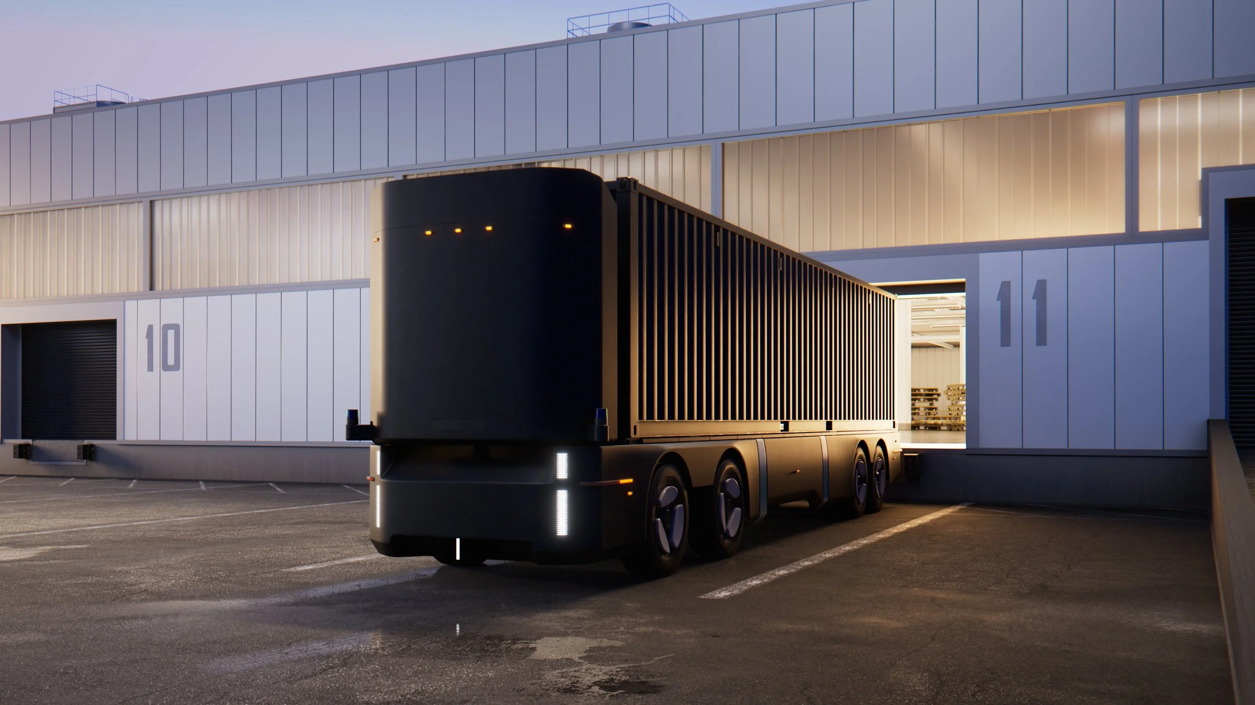 A black truck with a striped cargo container parked outside a modern industrial building with large numbered doors labeled 10 and 11, during early evening or dusk.