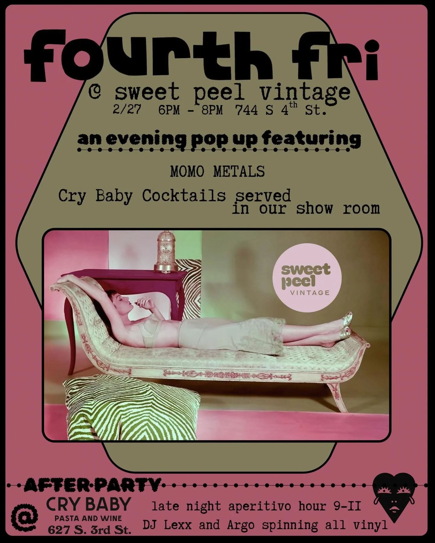 This ➍🅣🅗 🅕🅡🅘🅓🅐🅨 💘

We&rsquo;ll have extended hours from 6pm to 8pm for some late night shopping. @momometals will join us with their metals and cocktails will be provided by @crybabypasta in our show room. 💋

The party continues over at @cr