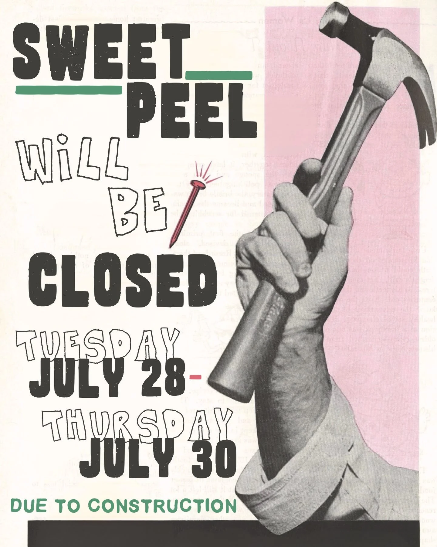 Heads up for this upcoming week at 𝒮𝓌𝑒𝑒𝓉 𝒫𝑒𝑒𝓁, we will be closed 𝕋𝕦𝕖𝕤𝕕𝕒𝕪 𝕁𝕦𝕝𝕪 𝟚𝟠𝕥𝕙 - 𝕋𝕙𝕦𝕣𝕤𝕕𝕒𝕪 𝕁𝕦𝕝𝕪 𝟛𝟘𝕥𝕙 for construction. See you 𝐹𝓇𝒾𝒹𝒶𝓎 𝒥𝓊𝓁𝓎 𝟥𝟣𝓈𝓉 🖤