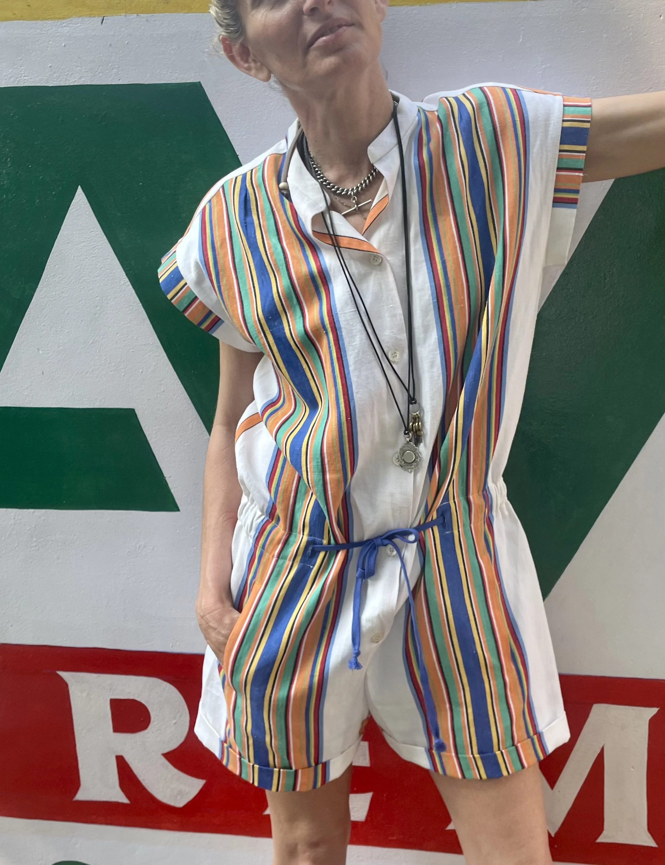 Stripe linen shorts jumpsuit, size 8-10