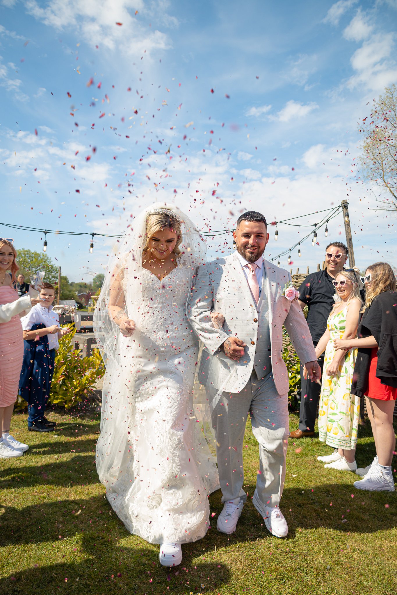 Confetti shot, just married, bride and groom, The Orchard, Maidstone