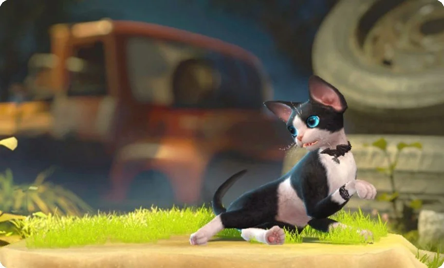 Animated black and white cat with blue eyes, sitting on grass in front of a blurred background featuring an old truck and some stone objects.