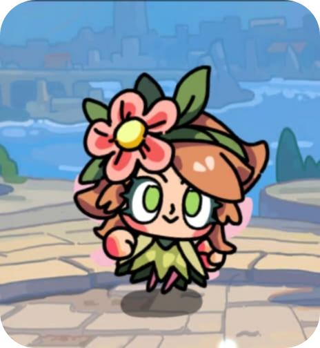 Cartoon character with large green eyes, brown hair, a pink flower on her head, and a green dress, standing outdoors with a cityscape background.