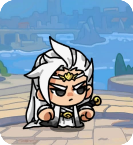 A chibi-style character with white hair, a gold headpiece, and black clothing, standing outdoors near a river with a cityscape in the background.