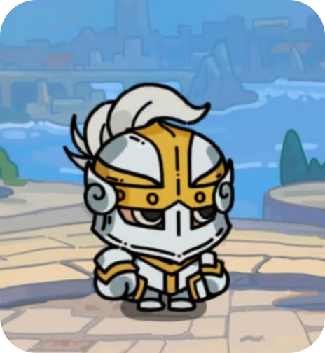 Cartoon knight in shiny armor with a helmet that has a plume, standing on a stone platform with a cityscape and water in the background.