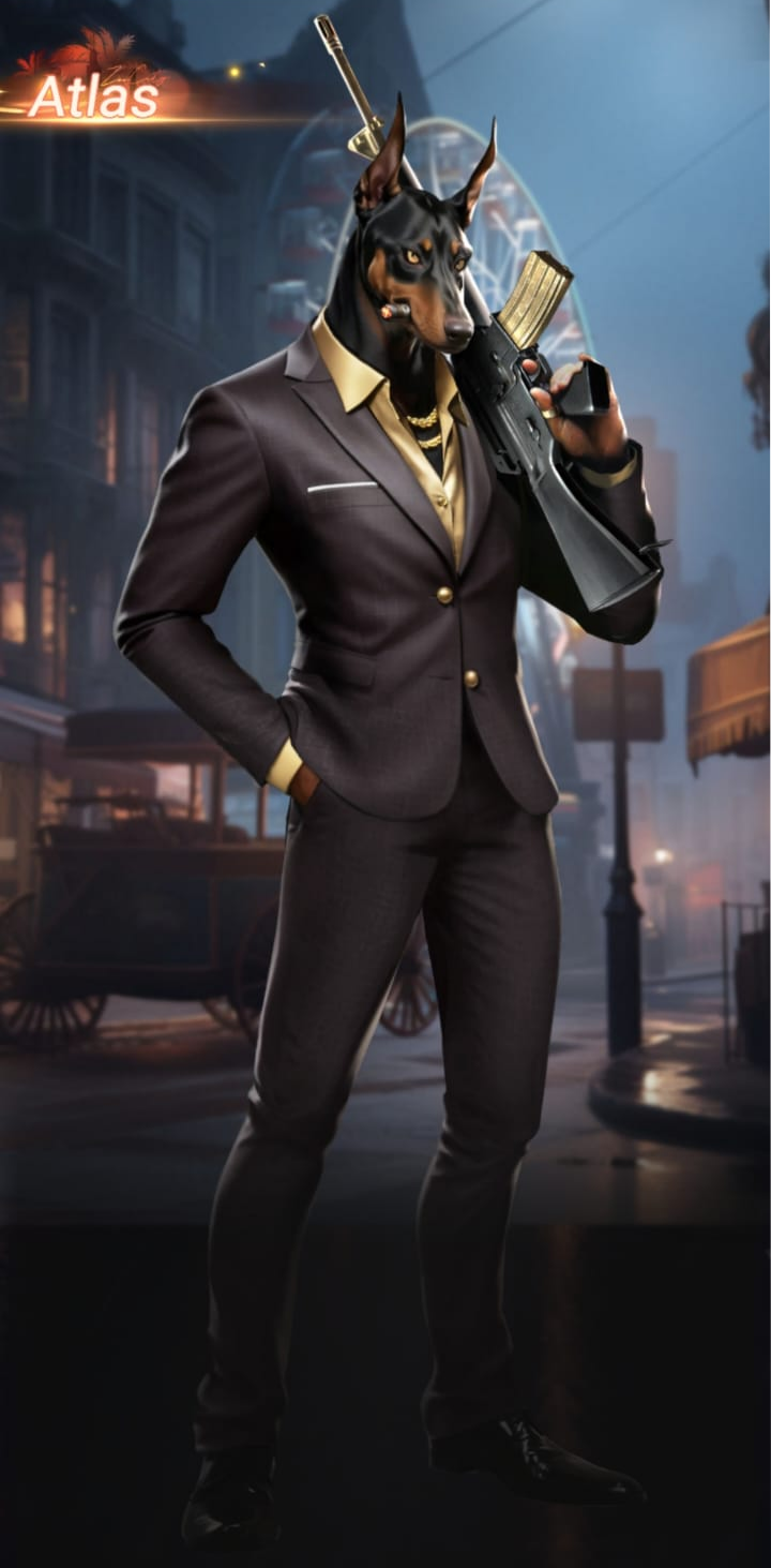 A digital illustration of a humanoid dog character wearing a suit, holding a gun, with a city street background at dusk. The character has a Doberman dog head with a serious expression, and accessories including a gold chain and gold accents on the suit. The word 'Atlas' is displayed in the top left corner.