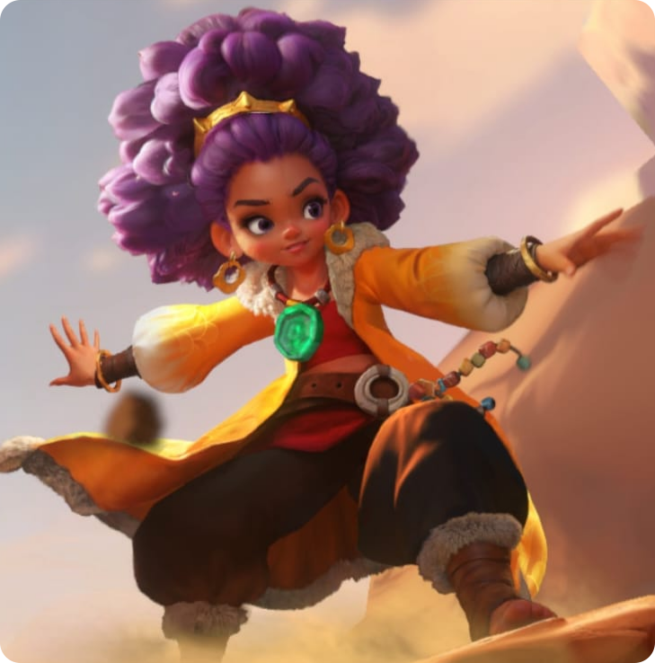 Animated character with purple curly hair, wearing a yellow coat, brown pants, and accessorized with jewelry, standing on rocks in a fantasy setting.