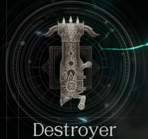A digital illustration of a sword with intricate patterns, horns, and spikes, surrounded by a circular futuristic design, with the word "Destroyer" below.