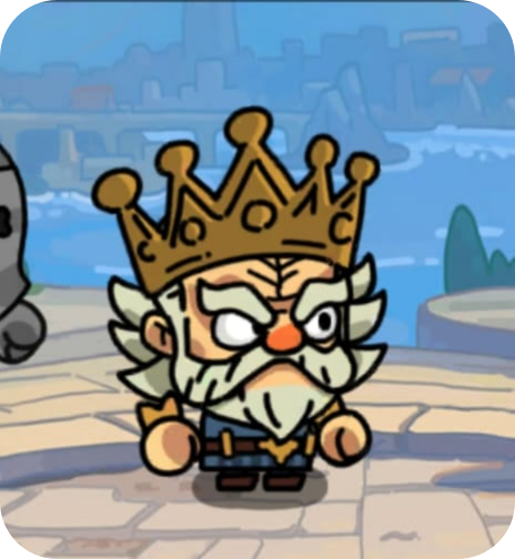 Cartoon king character with a crown, white beard, and fierce expression.