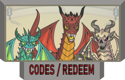 Three cartoon dragons displayed on a screen with the text 'CODES / REDEEM' underneath.