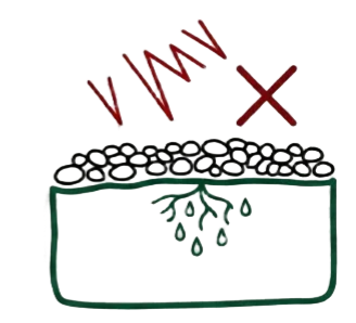 alt: soil drainage issues, hidden water retention, decorative stones layer, root rot risk, poor drainage