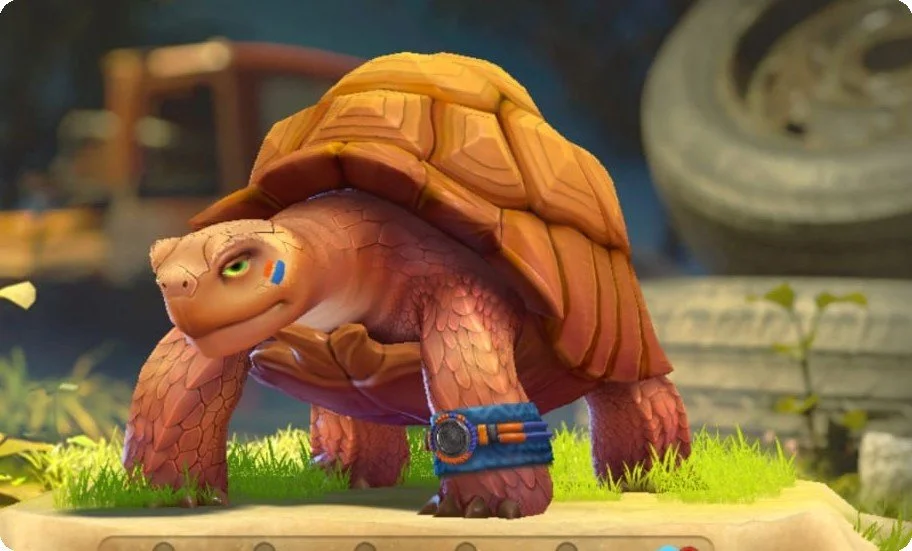 Cartoon turtle wearing a blue wristband and face paint, standing on grass with a slightly mischievous expression.