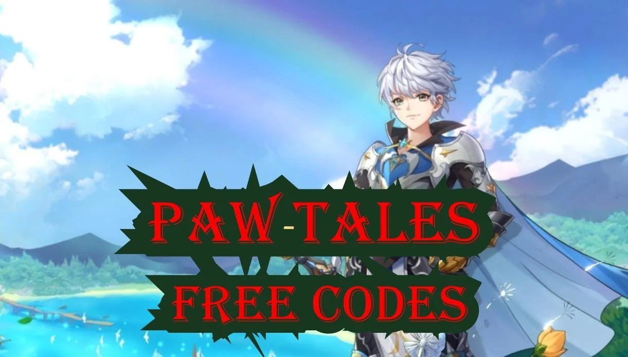 A fantasy-themed digital illustration featuring a male character with silver hair in armor, set against a bright sky with clouds and a rainbow, with text overlay reading 'PAW-TALES FREE CODES' in red and black.