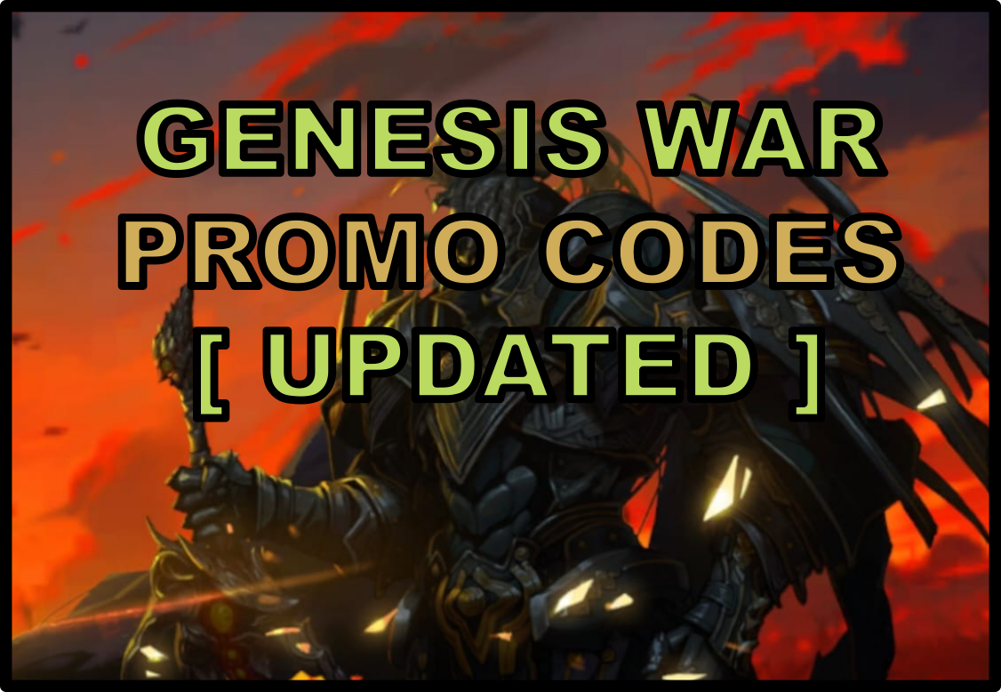 A dark armored warrior wielding a sword in a fiery orange sky with red clouds, with bold text overlaying that reads "Genesis War Promo Codes [Updated]".