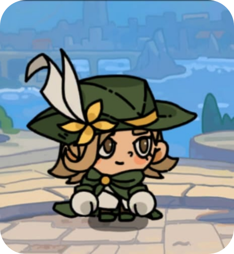 Cartoon character dressed as a green ranger with a large green hat decorated with white feathers and a yellow bow, standing outdoors with a blue cityscape background.