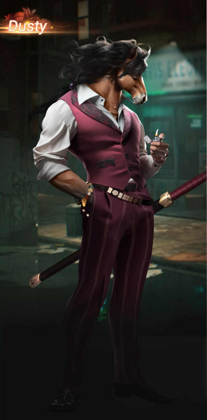 A humanoid figure with a horse's head dressed in formal clothing, holding a cigarette lighter, with a sword resting against their waist, standing in an urban alley at night.