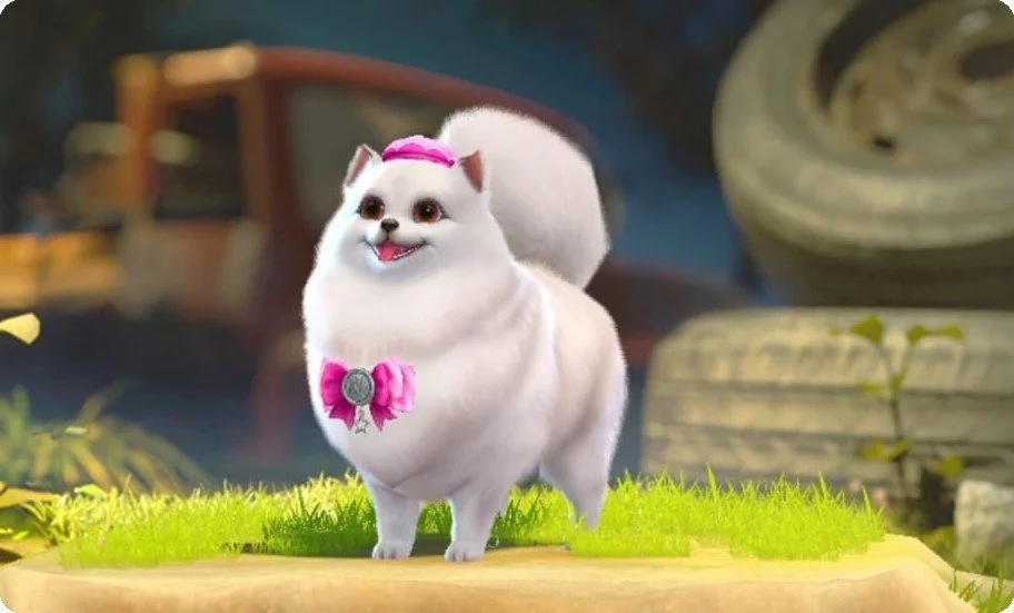 A digital illustration of a small white dog with a pink bow and medal around its neck, standing on grass with a blurred background of tires and machinery.