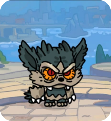 Animated cartoon creature with wolf-like features, orange eyes, and gray fur, standing outdoors with a cityscape and river in the background.