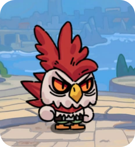 Cartoon angry bird character with red feathers, white face, and yellow beak, standing outside on pavement with cityscape and water in the background.