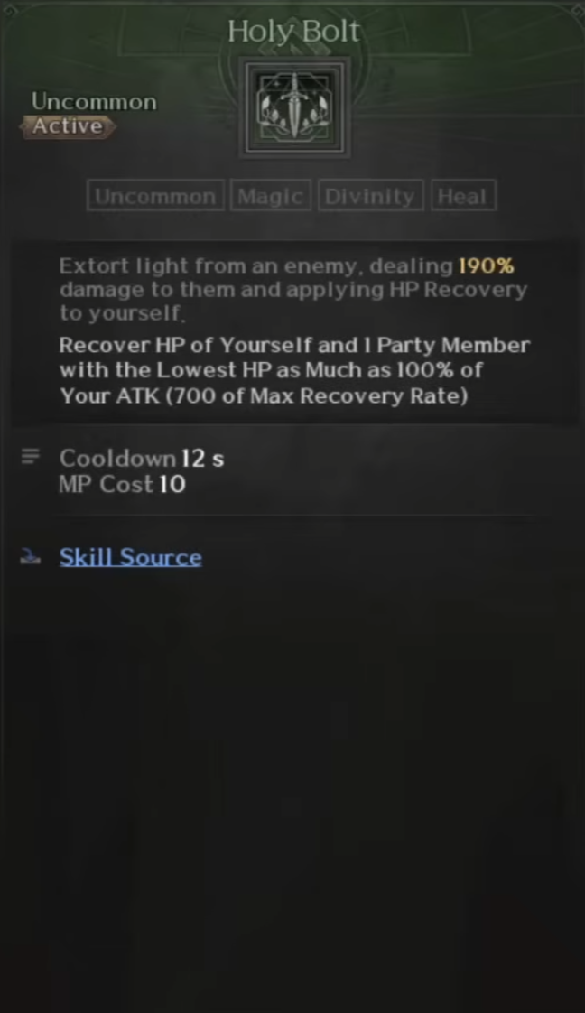 Divine Caster, Healer, Skills, Holy Bolt